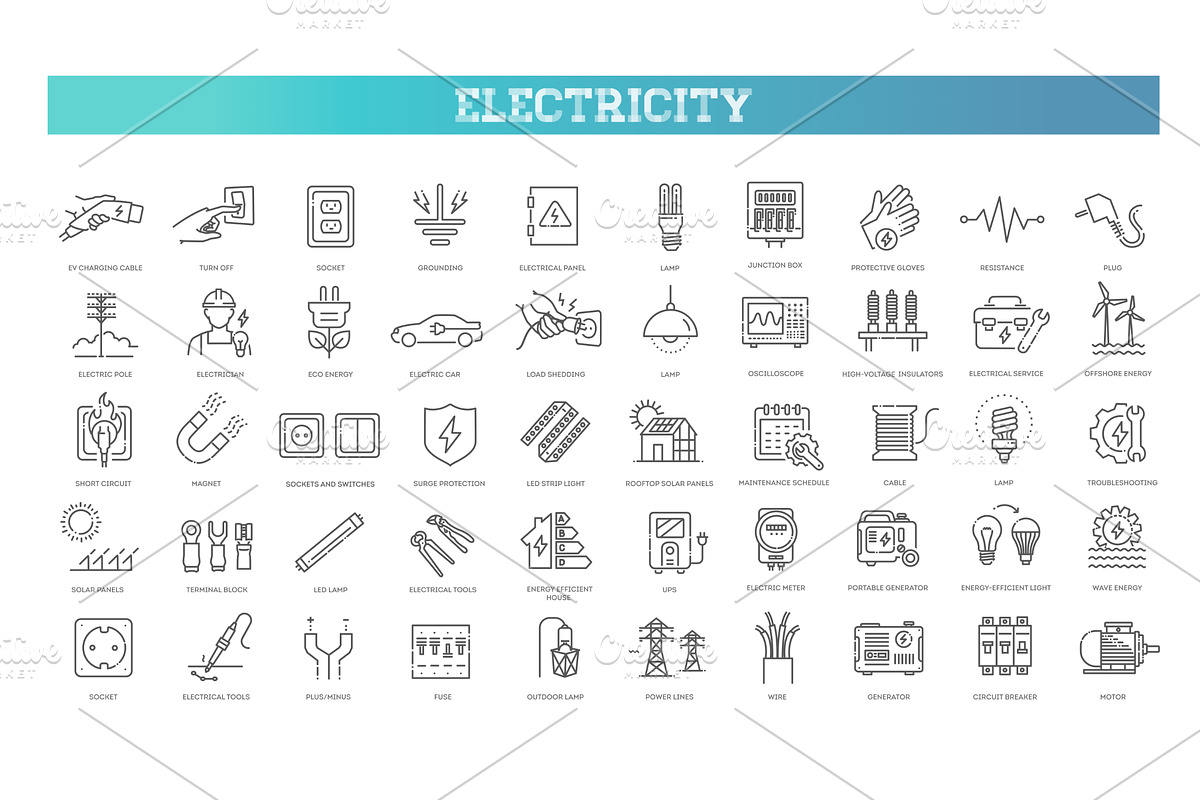 Electricity icons. Power symbols, an Illustration by Tettygreen