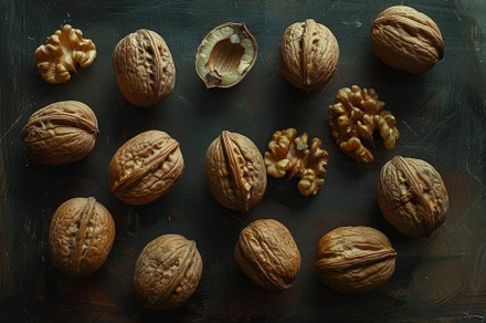 Whole and cracked walnuts arranged n, a Photo by Iftikhar Alam