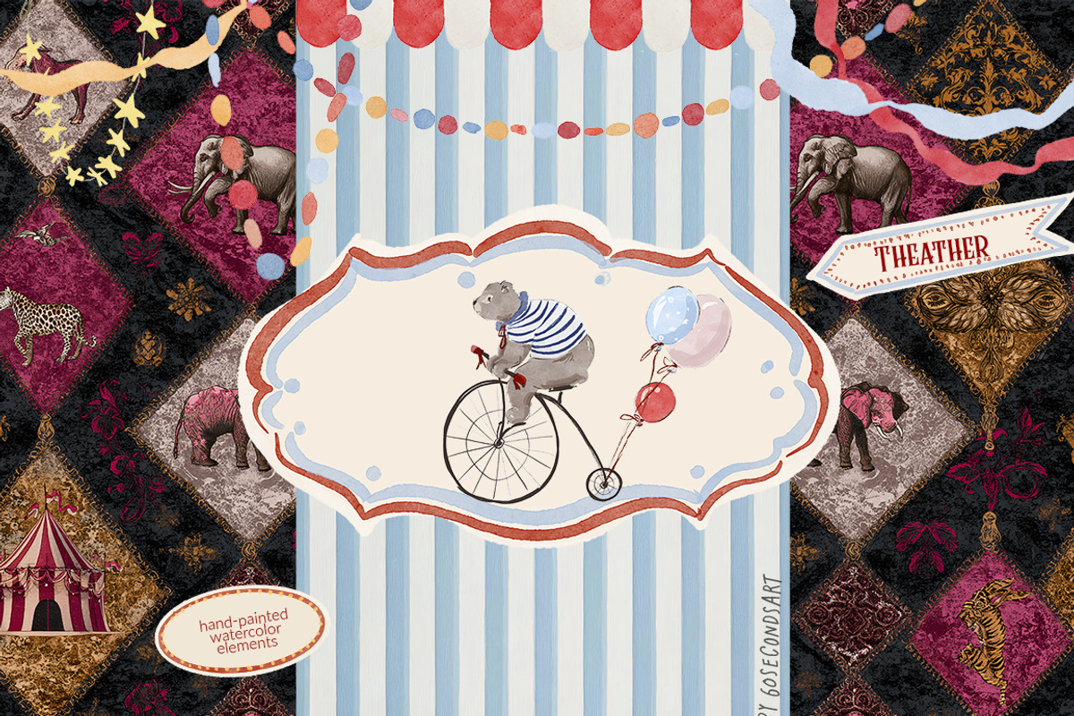Whimsical Watercolor Circus clipart, a Decorative Illustration by 60secondsArt (Photo 2 of 10)