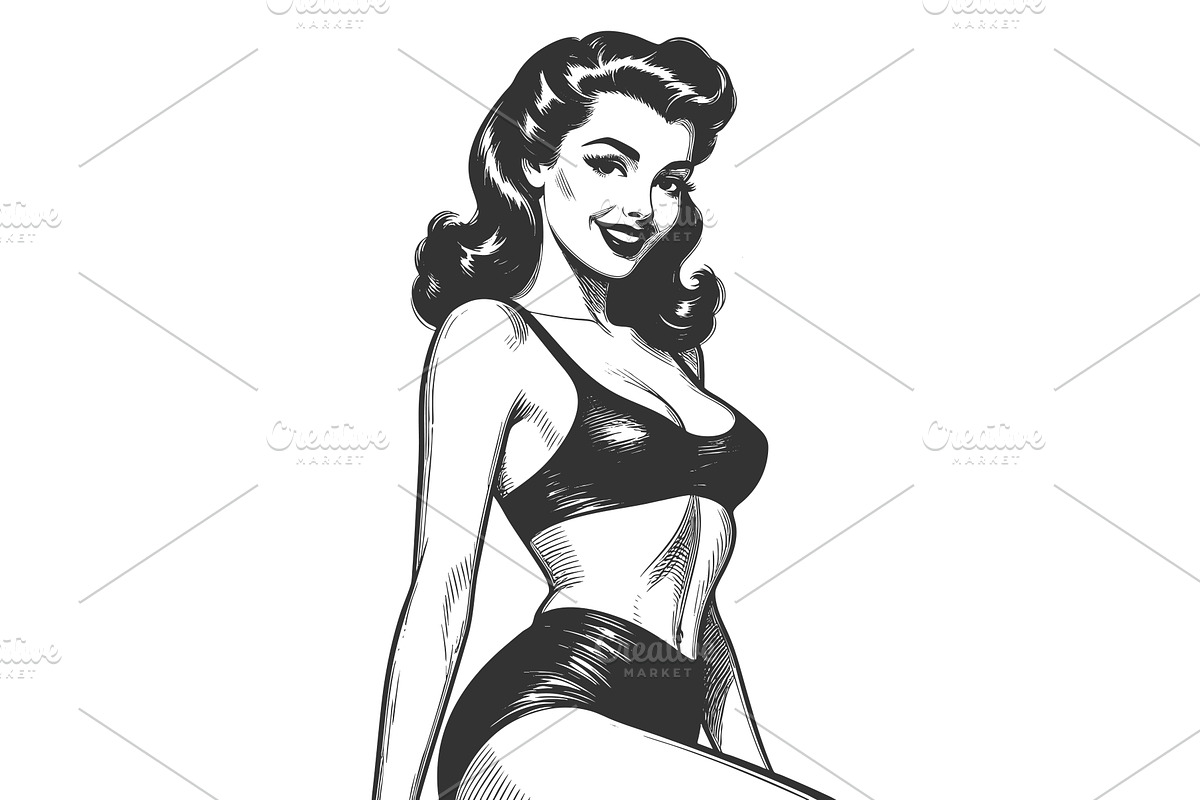 Pin-Up Woman in Bikini Style Pose, a Person Illustration by AlexArt