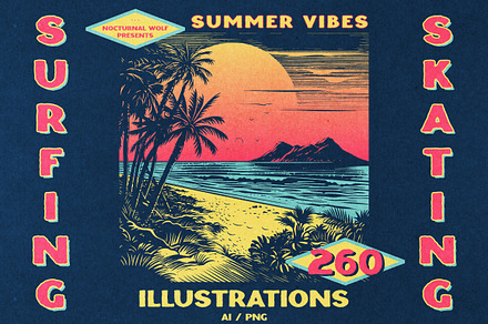 Surfing skating summer illustrations, an Illustration by Nocturnal Wolf