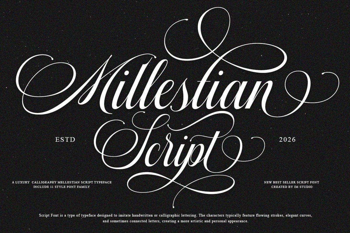Millestian Script | 11 Font Style, a Script Font by IM Studio (Photo 1 of 9)