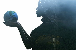 Sustainable earth silhouette woman globe in hands, a Person Photo by Photo Drive Studio