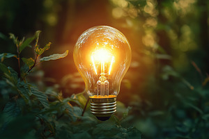 Illuminated lightbulb on blurred forest background. AI technology concept, a Technology Photo by AlyaAnd