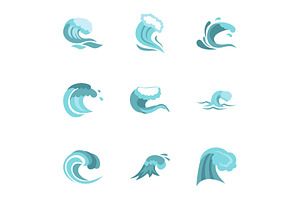 Water Wave Icons Set, Flat Style