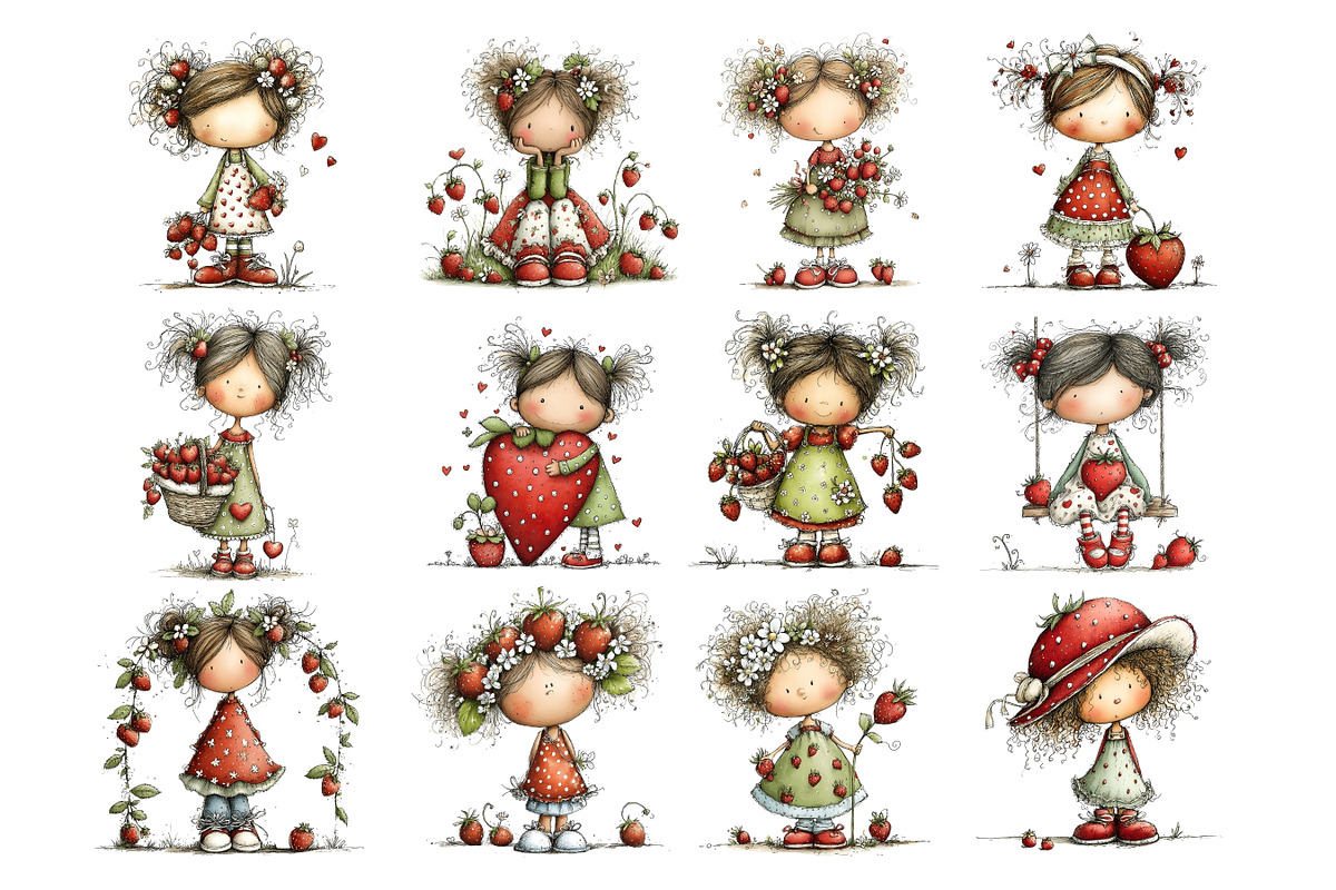 Cute Strawberry Girl Clipart, a Person Illustration by Nicolle's Colorful Art (Photo 2 of 9)