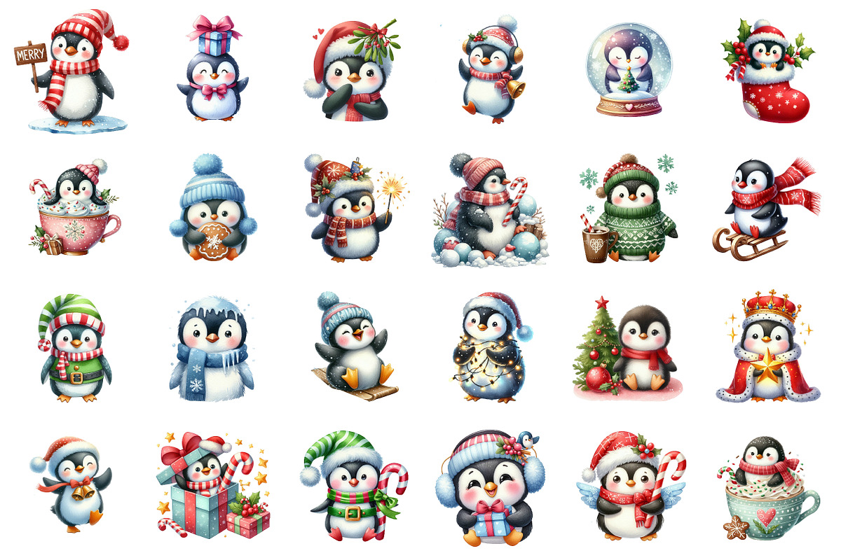 Watercolor Winter Penguin Clipart, an Illustration by SinaCreation (Photo 2 of 7)