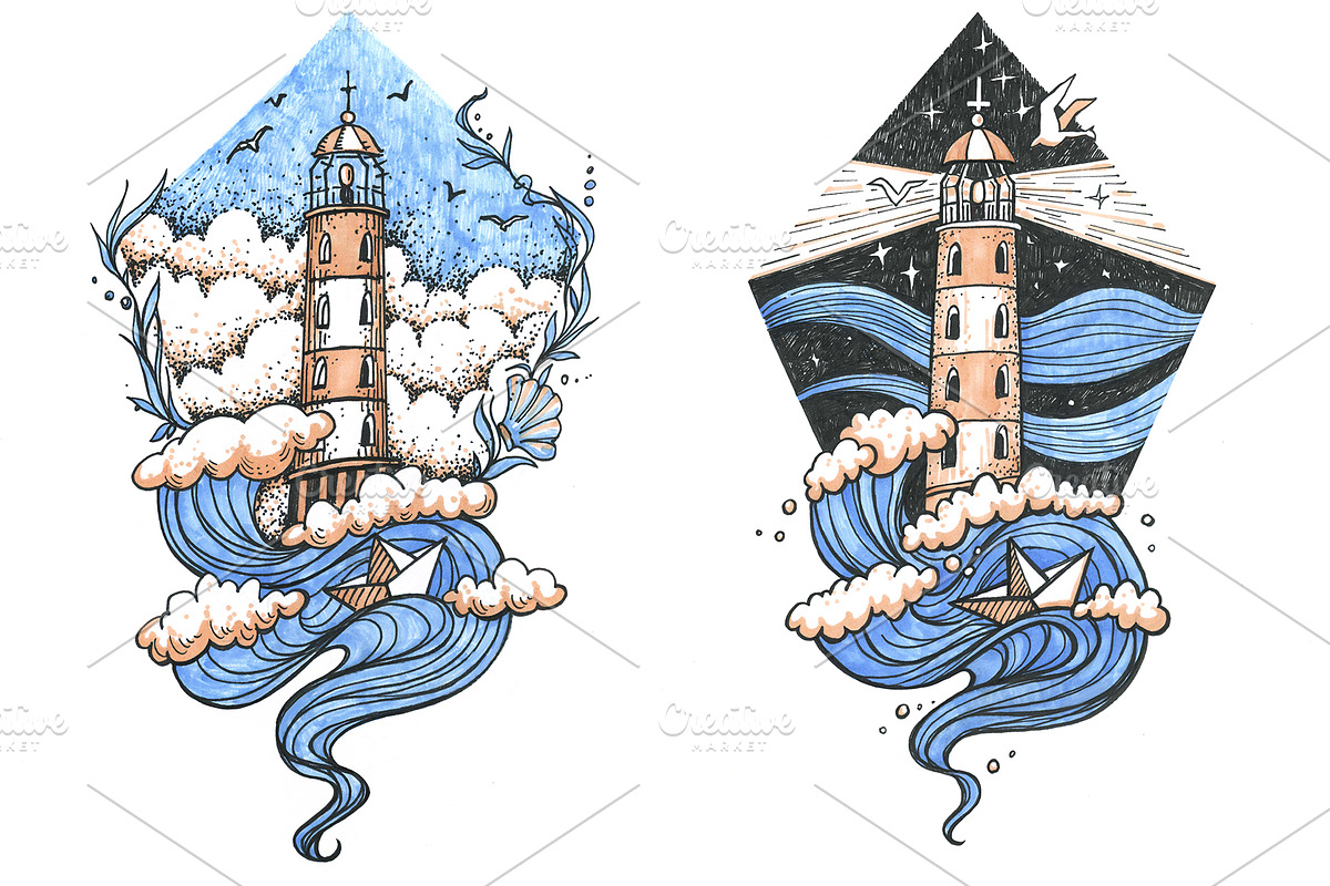 Lighthouse hand drawn illustration, a Decorative Illustration by Samui-Art