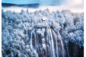Aerial view of waterfall, house and, a Nature Photo by den-belitsky