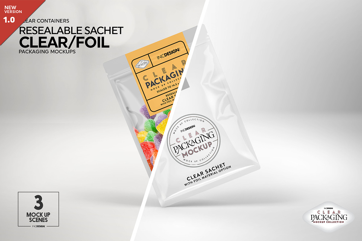 Clear Foil Sachet Packaging Mockup, a Cups & Container Mockup by INCDesign (Photo 1 of 14)