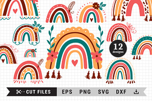 Boho Rainbow Cut Files, Clipart