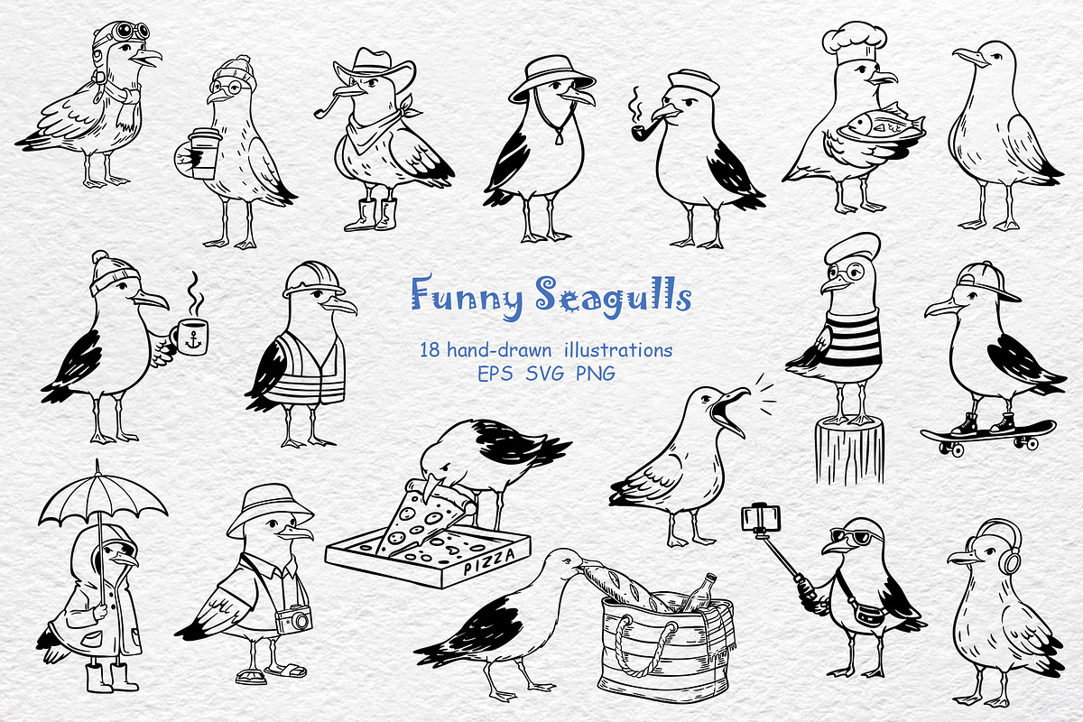 Funny Seagulls Hand-Drawn Beach, an Object Graphic by Watercolor dreams (Photo 1 of 3)