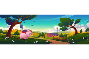 Cartoon pig digging on farm, an Animal Illustration by art PVP - market