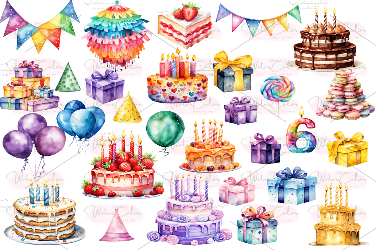 Happy Birthday Clipart Collection, a Decorative Illustration by Watercolor Digital (Photo 2 of 9)