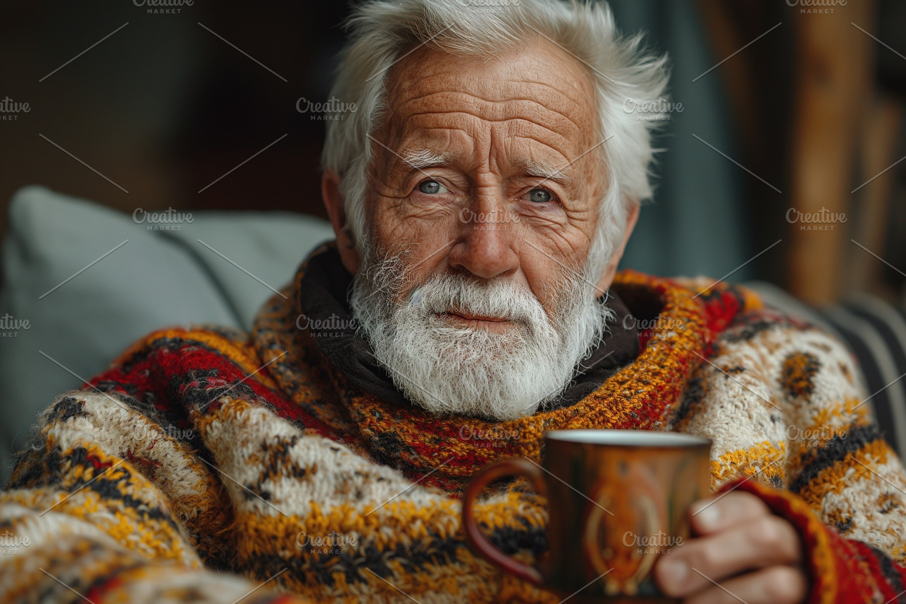 A thoughtful elderly white man with a full beard, cozy in a colorful knitted sw, a Person Photo by ImageMir