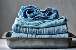 Stack of blue cloth rolled & folded, a Photo by Pavel_design