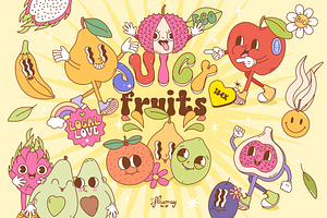 Groovy Retro Fruit Characters bundle, a Food Illustration by Huxmay