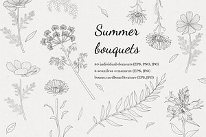 Summer Flowers. Line Art Floral Set.