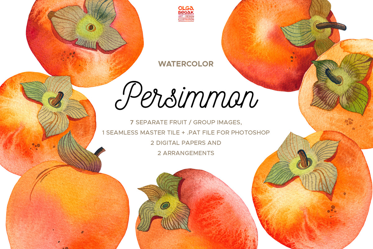 Watercolor Persimmon Fruits Clipart, a Food Illustration by Olga Begak Art & Design (Photo 1 of 9)