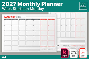 Monthly Planner 2027 (MP038-27-M), a Stationery Template by mikhailmorosin