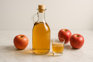 Apple cider vinegar bottle and glass, a Photo by Dvoevnore photos