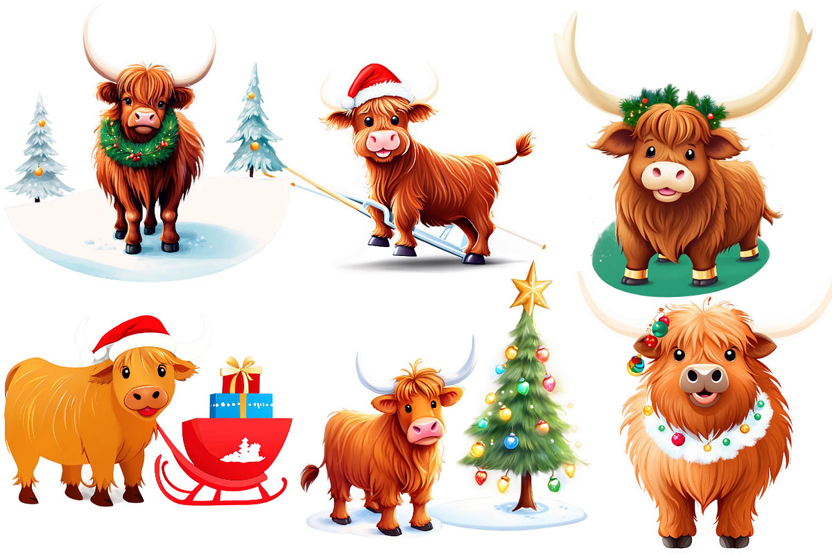Cute Christmas Highland Cow Clipart, an Illustration by Wow Magic (Photo 2 of 5)