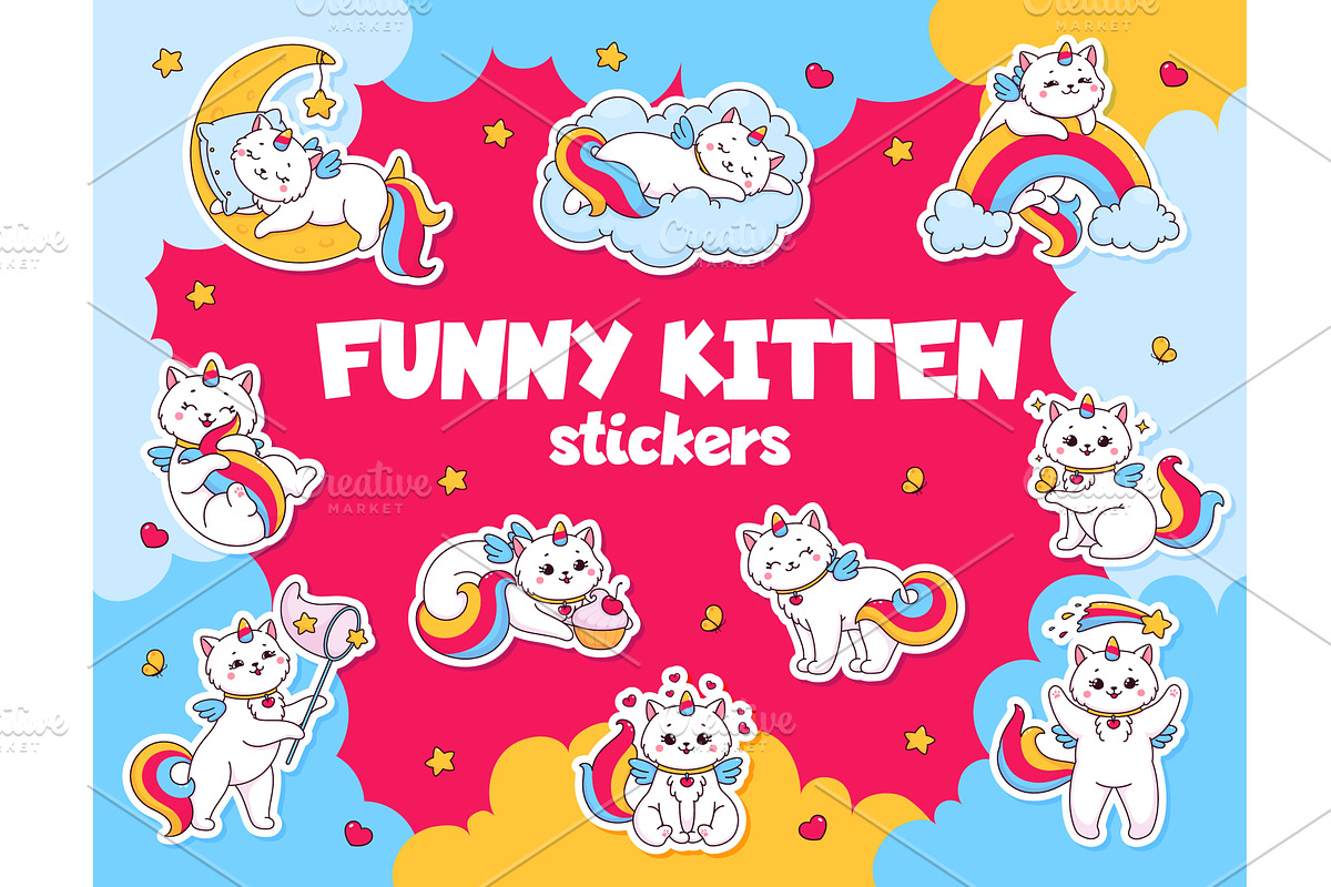 Cartoon cute cat and kitten caticorn, an Animal Illustration by Vector Tradition