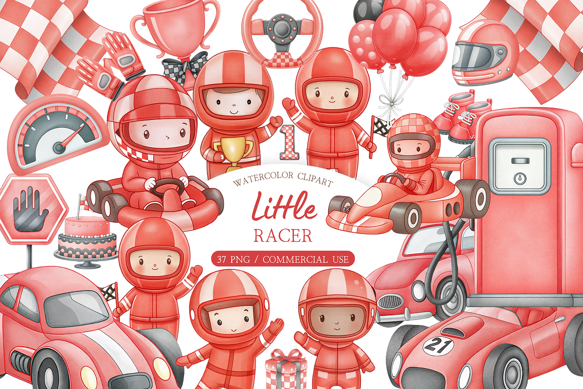 Little Racer, Watercolor Clipart, an Illustration by MockupWizard (Photo 1 of 6)