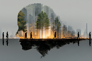 Silhouette of People with Nature and Urban Cityscape Inside a Face Outline, an Illustration by AS photostudio