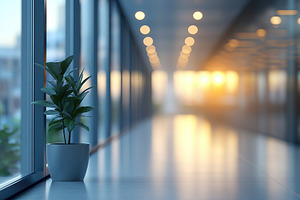 Bright corridor with potted plant in modern business building, an Architecture Photo by AlyaAnd