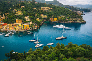 Moored boats and yachts in the bay