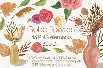Watercolor boho dry flowers clipart