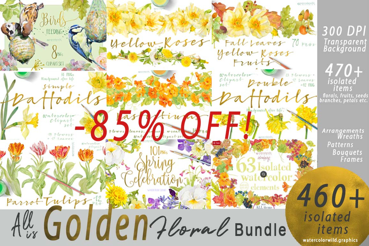 BUNDLE Golden-Yellow Flowers -85%, an Illustration by watercolorwild.graphics (Photo 1 of 12)