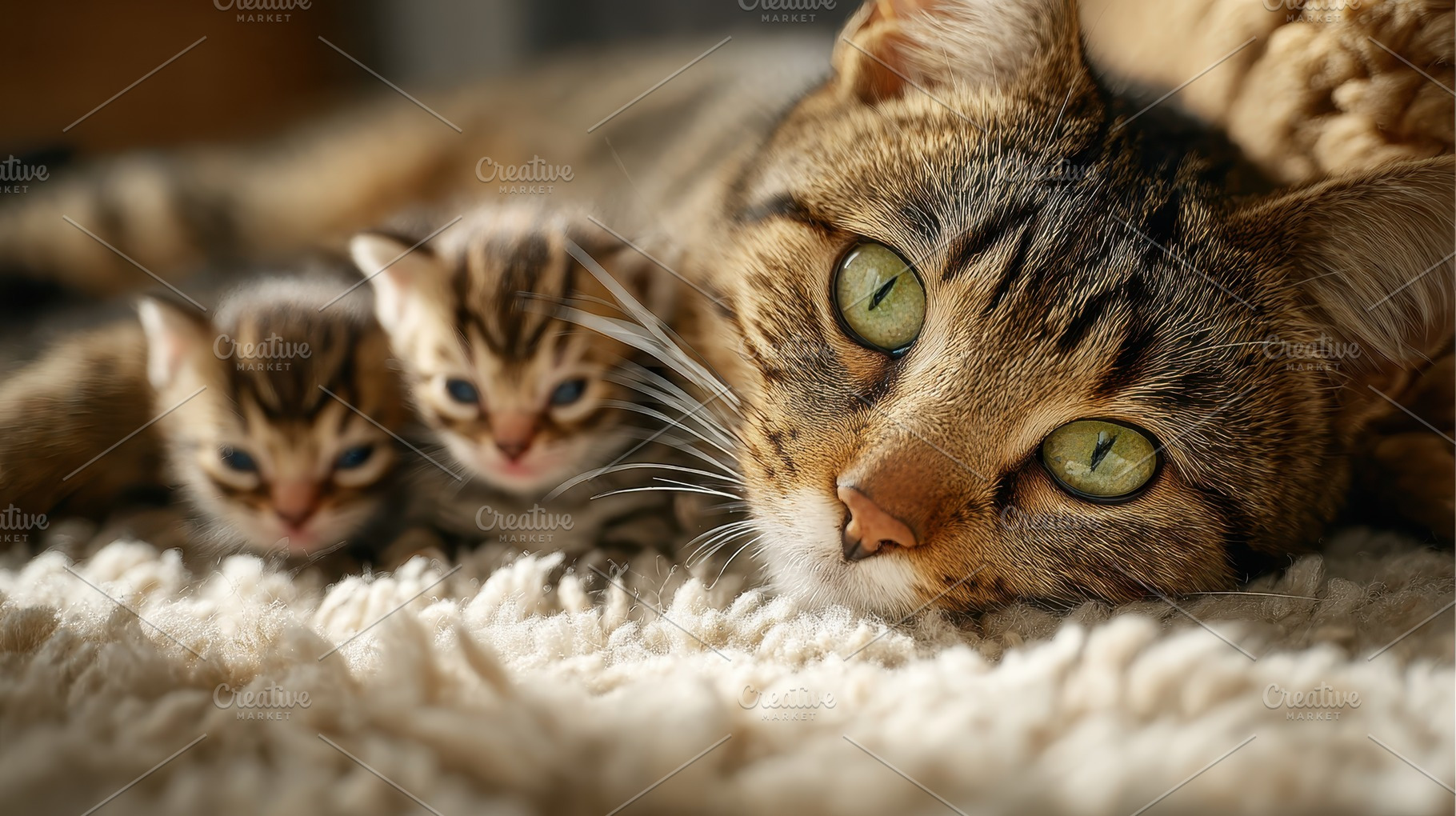Mother Cat with Kittens Cozy on Fluf, a Photo by Pixeness Studio