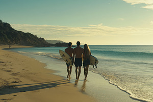 Surfers stroll along the shore at su, a Photo by Iftikhar Alam