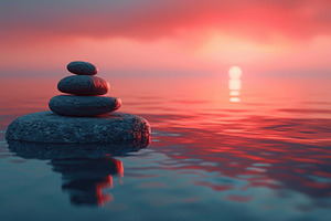 Zen Stones Stacked on Calm Water at Red Sunset, a Background Photo by José Manuel Gelpi
