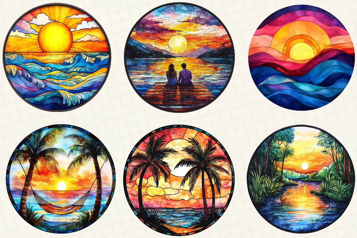 Stained Glass Summer Sunset Clipart, an Illustration by OK Design (Photo 2 of 5)