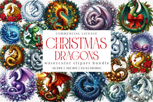 Watercolor Christmas Dragons Clipart, an Illustration by SinaCreation