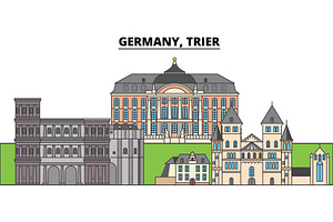 Germany, Trier. City Skyline, Architecture, Buildings, Streets, Silhouette, Landscape, Panorama, Landmarks. Editable Strokes. Flat Design Line Vector 