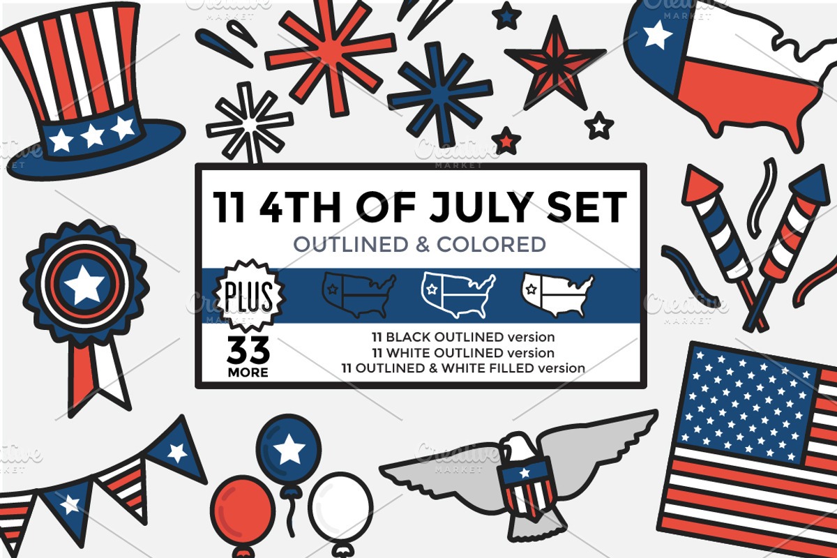 4th of July Set Outlined & Colored, an Outline Icon by DeniseUytiepo (Photo 1 of 5)