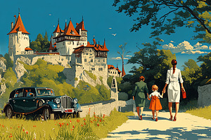Family walking near medieval castle with vintage car in picturesque countryside, a Photo by AS photostudio