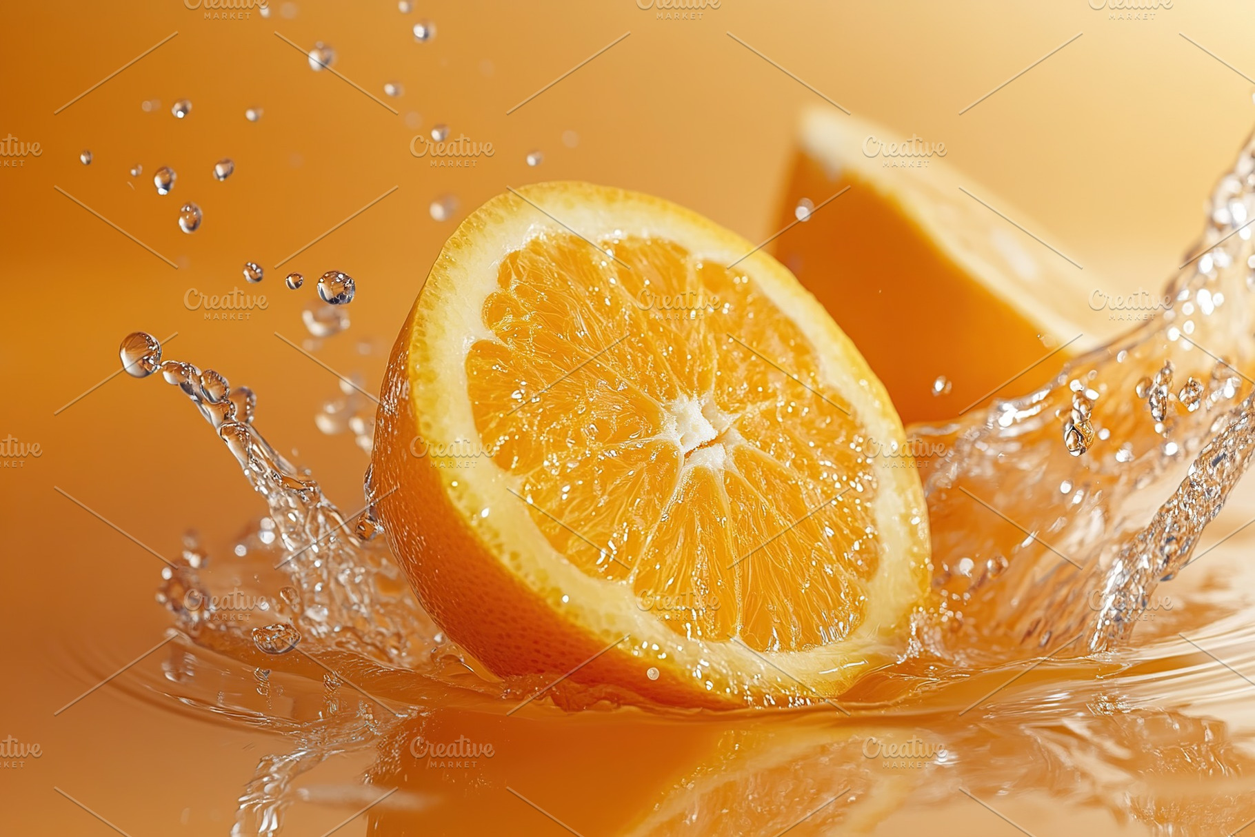 Sliced orange falling into water on orange background, a Food & Drink Photo by AlyaAnd