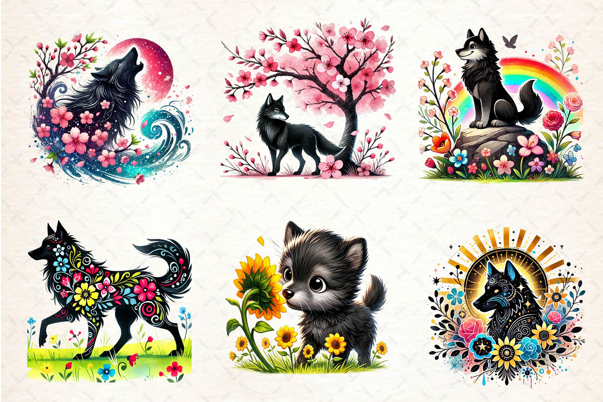 Spring Black Wolf Clipart, an Illustration by Dream Creation