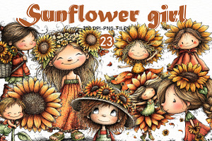 Whimsical Sunflower Girl Clipart, a Seasonal Illustration by Designworld