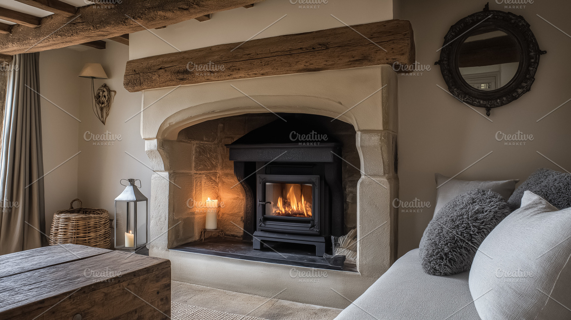 Cozy living room with rustic wood stove burning and warm candles creating a com, an Architecture Photo by Studio ANNA