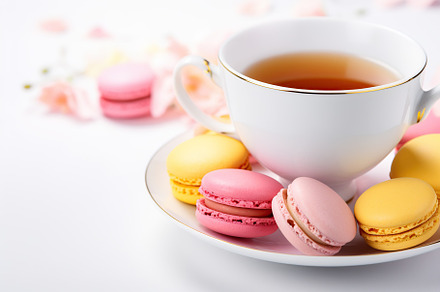 Colorful macarons with cup of tea on white background, a Food & Drink Photo by AlyaAnd