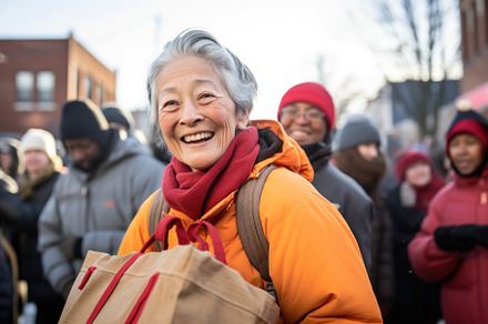 Positive asian woman tourist with her bag and people on the background, a Person Photo by zakiroff