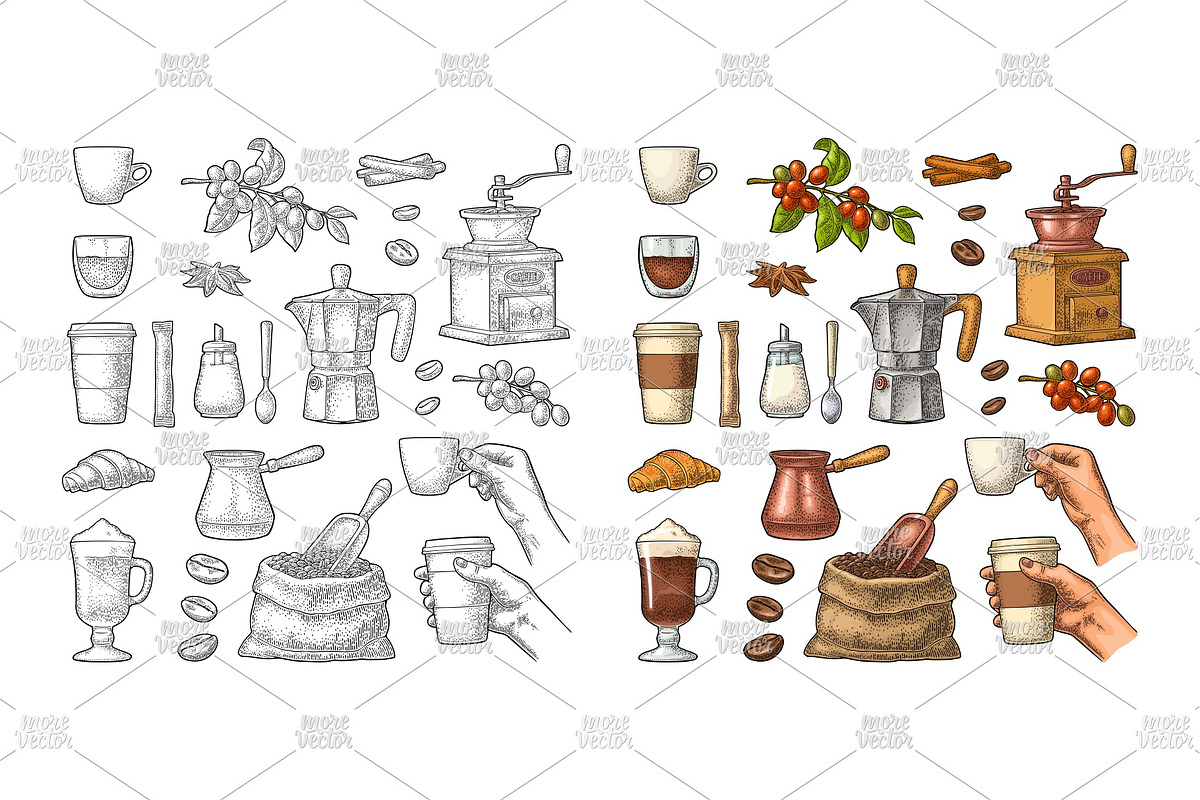 Set coffee vector engraving, a Food Illustration by MoreVector (Photo 1 of 4)