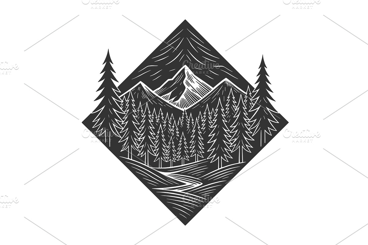 Mountain Forest Landscape engraving, an Illustration by AlexArt