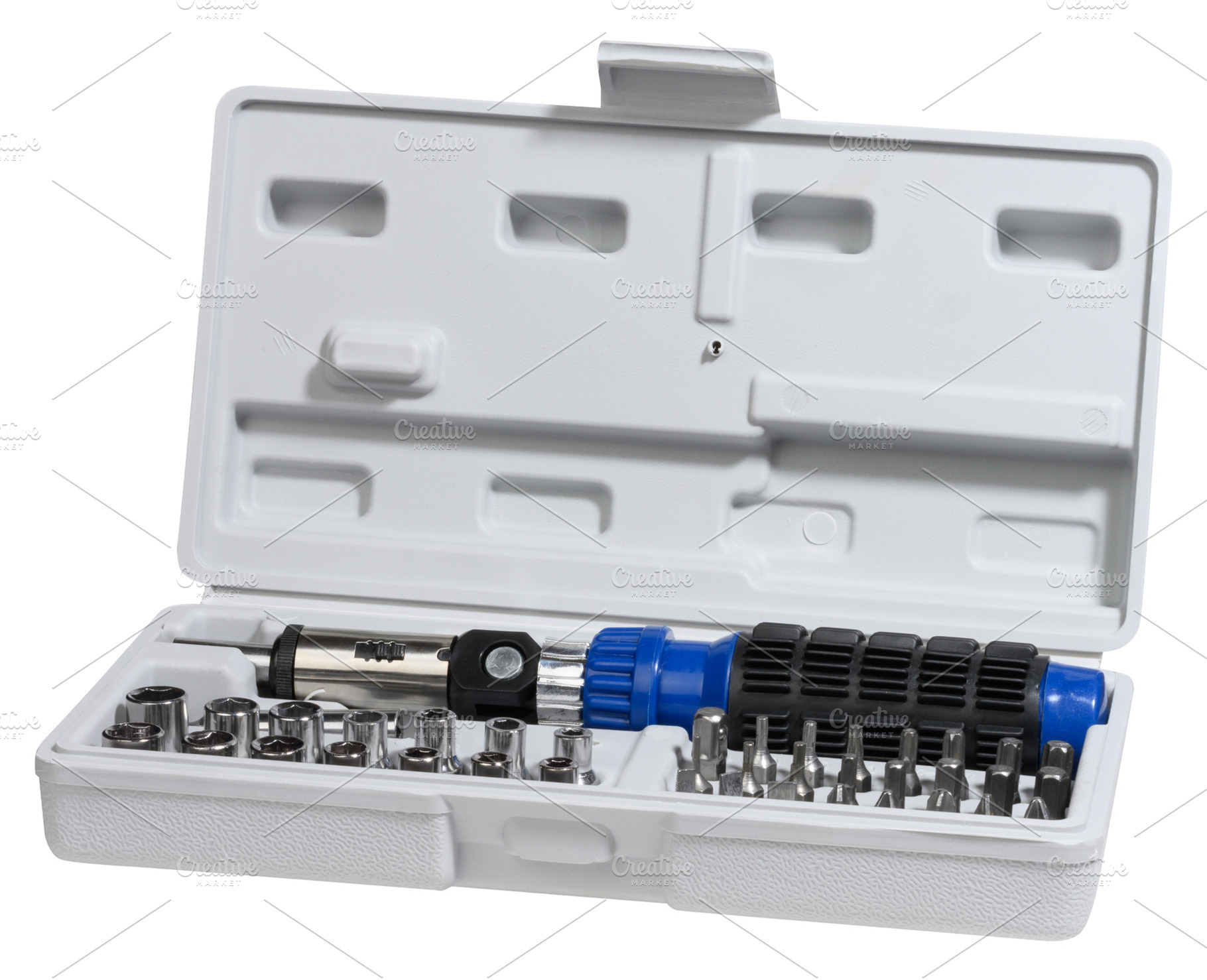 Set of tools in a white plastic case. Inside is a universal scre, a Technology Photo by ndanko